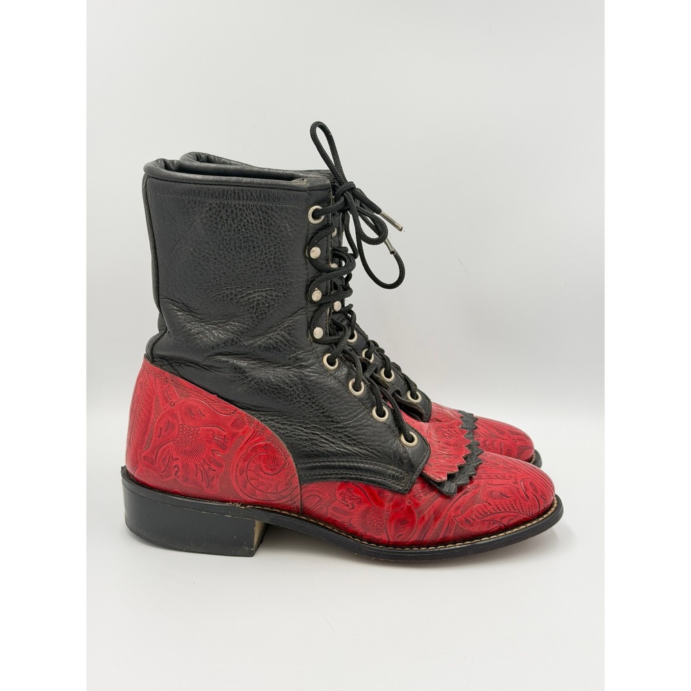 Laredo Boots Womens 6.5 Black Red Floral Embossed Kiltie Western